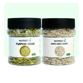 Two jars of Nutridiva pumpkin seeds and sunflower seeds on a light green background