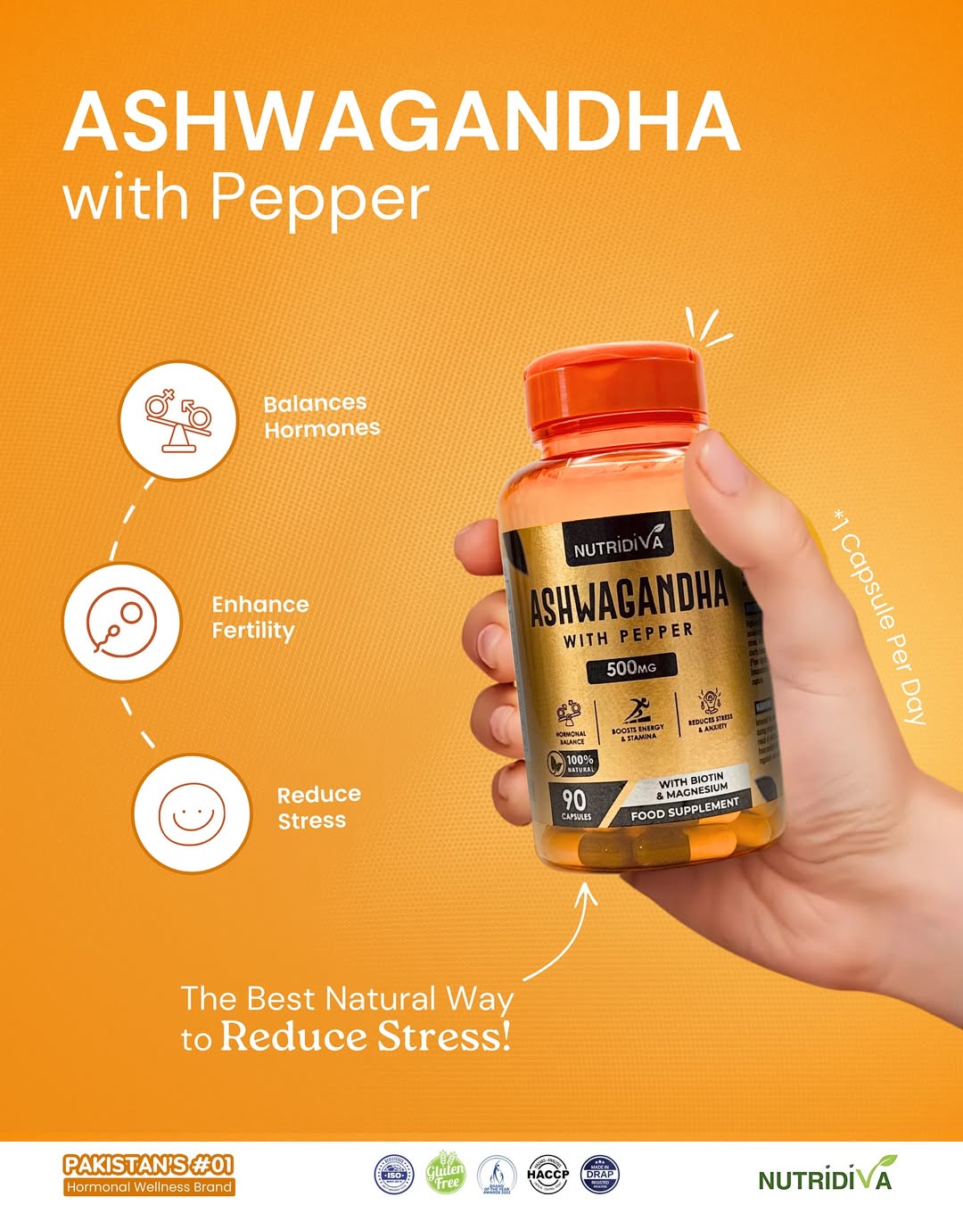 Ashwagandha Capsules by NutriDiva – KSM-66 Root Extract 90 Capsules for Stress Relief, Better Sleep, and Hormonal Balance in Pakistan