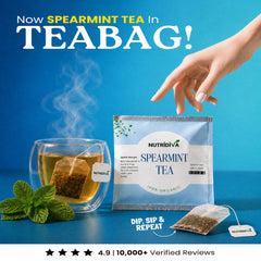 NutriDiva Spearmint Tea Bags brewed in cup – caffeine-free herbal mint tea Pakistan